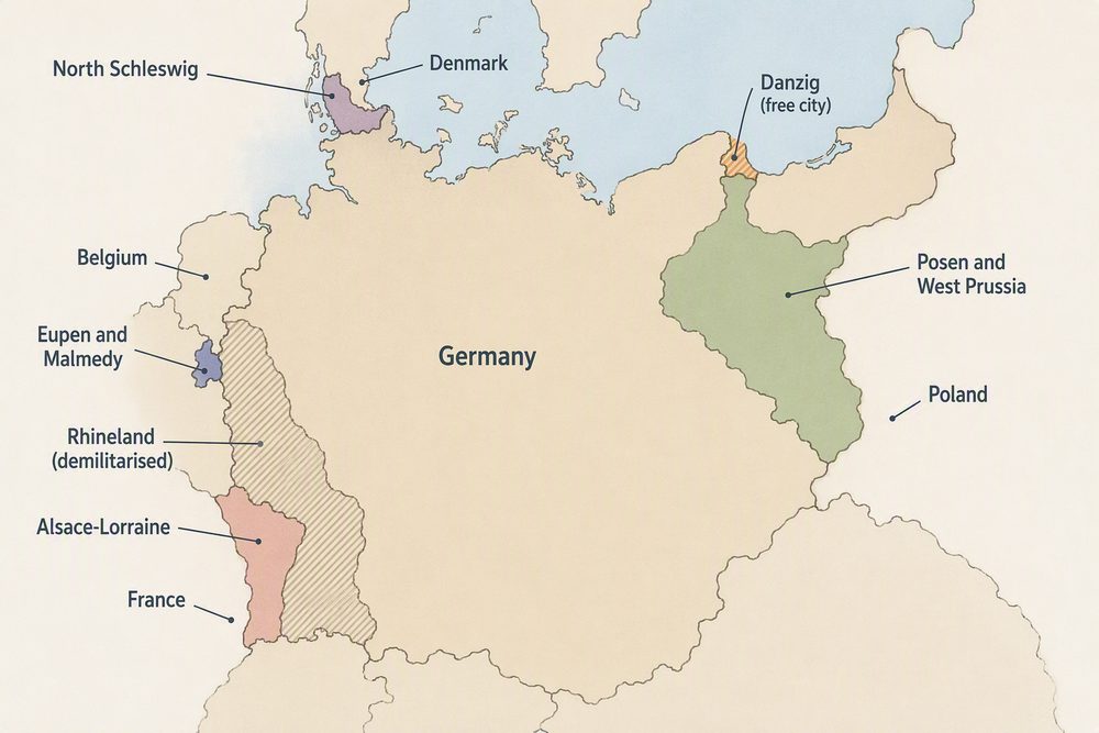 A map of Germany showing the territories lost to France, Belgium, Denmark and Poland, the demilitarised Rhineland, and the free city of Danzig, under the 1919 Treaty of Versailles.