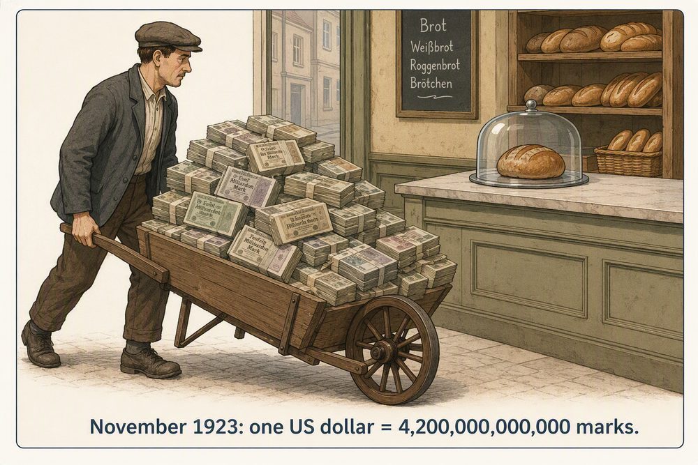 An illustration of a wheelbarrow overflowing with banknotes outside a bakery, showing the collapse of the German mark to 4.2 trillion per US dollar in November 1923.