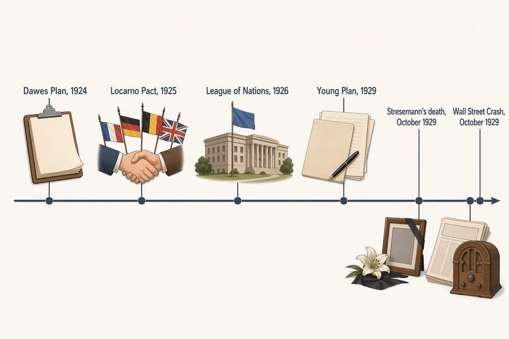 A horizontal timeline showing the Dawes Plan, the Locarno Pact, League of Nations entry and the Young Plan between 1924 and 1929, ending with Stresemann's death and the Wall Street Crash, both in October 1929.