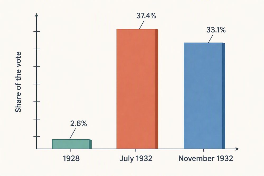 A bar chart showing the Nazi Party's share of the vote rising from 2.6% in 1928 to 37.4% in July 1932, then easing to 33.1% in November 1932.