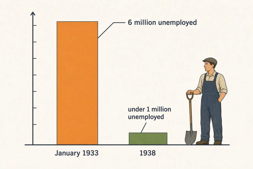A bar chart showing German unemployment falling from about six million in January 1933 to under one million in 1938, with a worker figure beside the smaller bar.