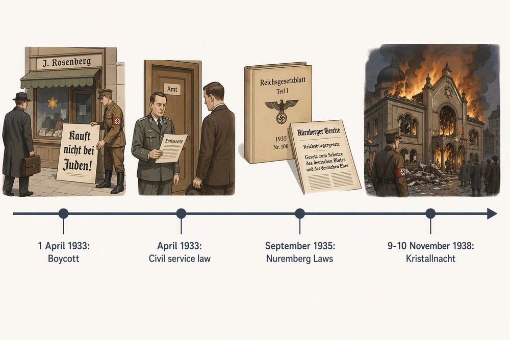 A timeline showing four stages of escalating Nazi persecution of Jews between 1933 and 1938, from the boycott of businesses to Kristallnacht.
