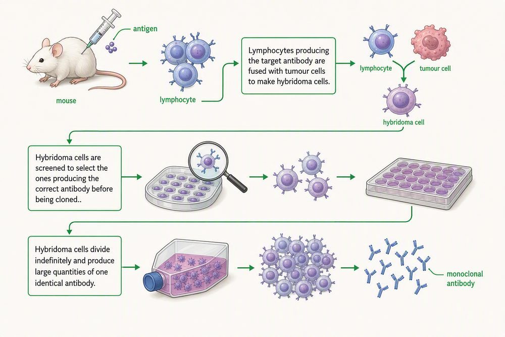 A flowchart showing monoclonal antibody production: a mouse injected with an antigen, its lymphocytes fused with a tumour cell to form a hybridoma cell, then cloned and grown to produce monoclonal antibodies.