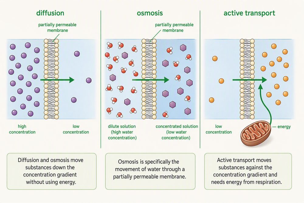A schematic comparing diffusion, osmosis and active transport across a partially permeable membrane, showing the direction of movement relative to the concentration gradient and where energy is needed.