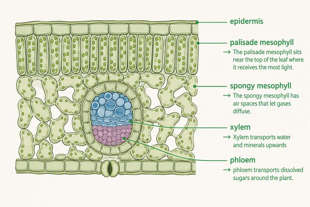 A labelled cross-section of a plant leaf showing the epidermis, palisade mesophyll, spongy mesophyll, and a vein containing xylem and phloem.
