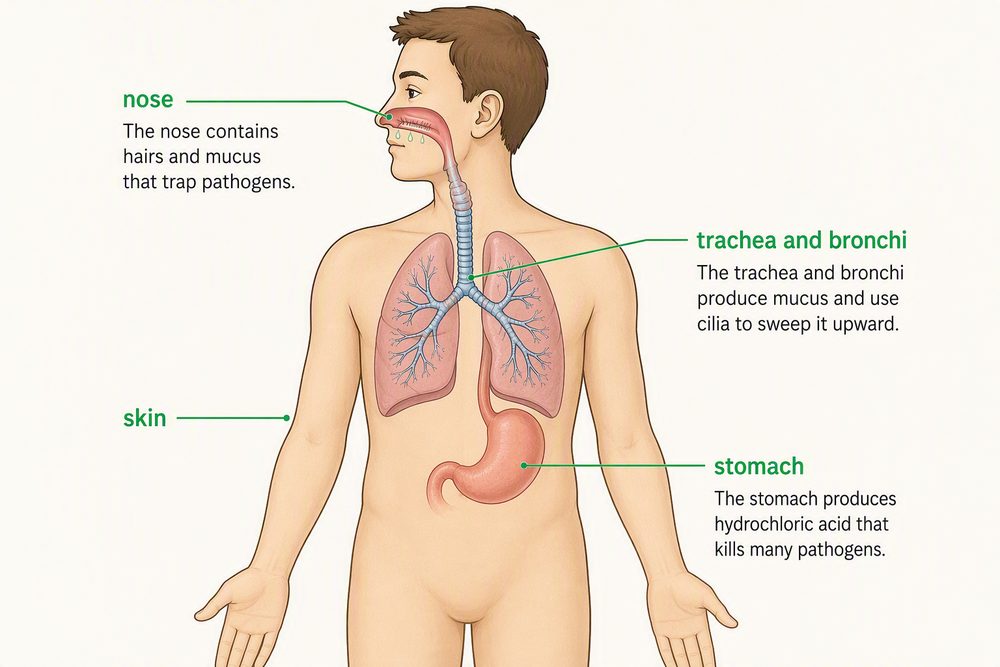 A labelled diagram of the human body showing the skin, nose, trachea and bronchi, and stomach as non-specific defence barriers against pathogens.