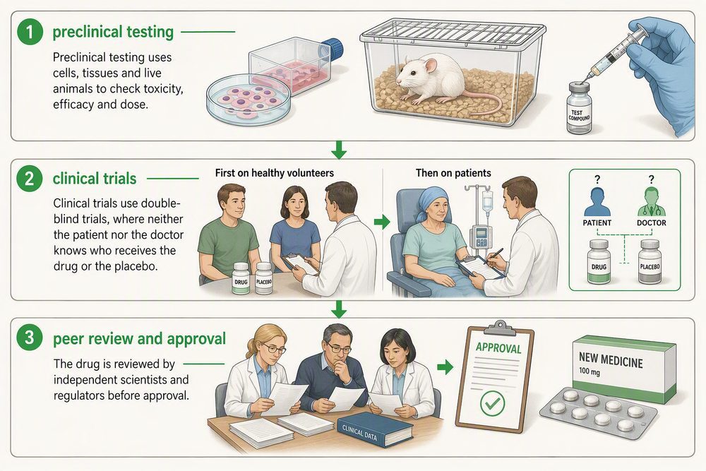 A flowchart showing the three stages of drug development: preclinical testing, clinical trials, and peer review and approval.