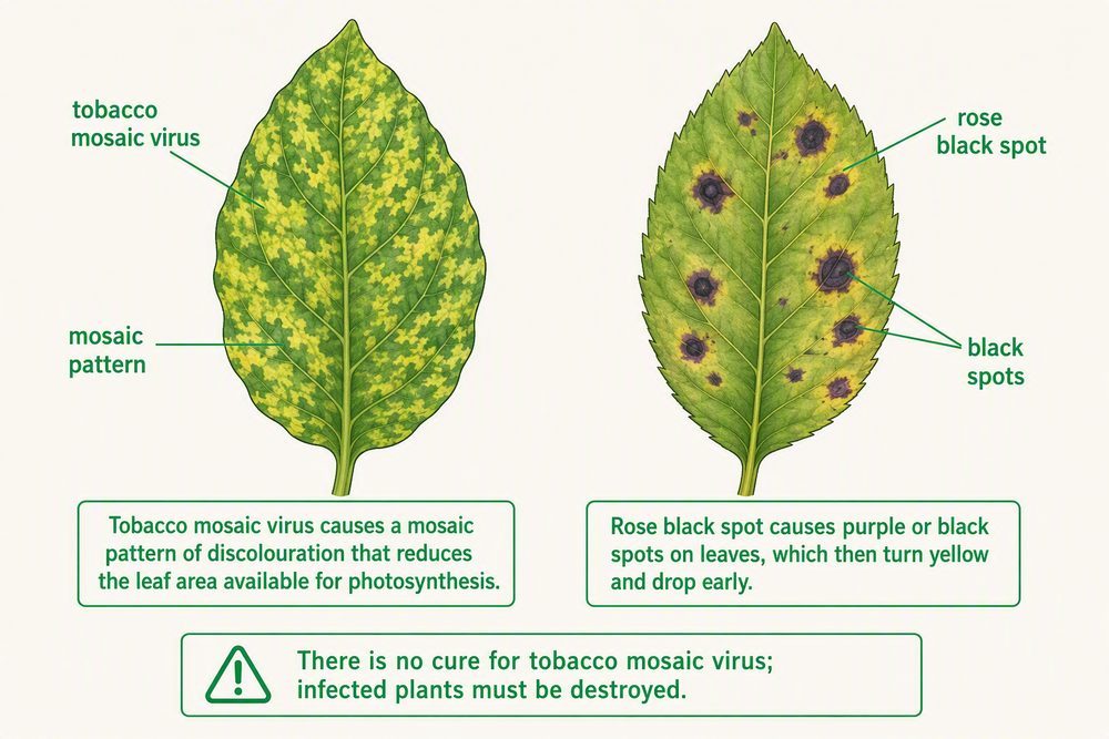 A labelled diagram comparing a leaf with the mosaic pattern of tobacco mosaic virus and a leaf with the black spots of rose black spot disease.