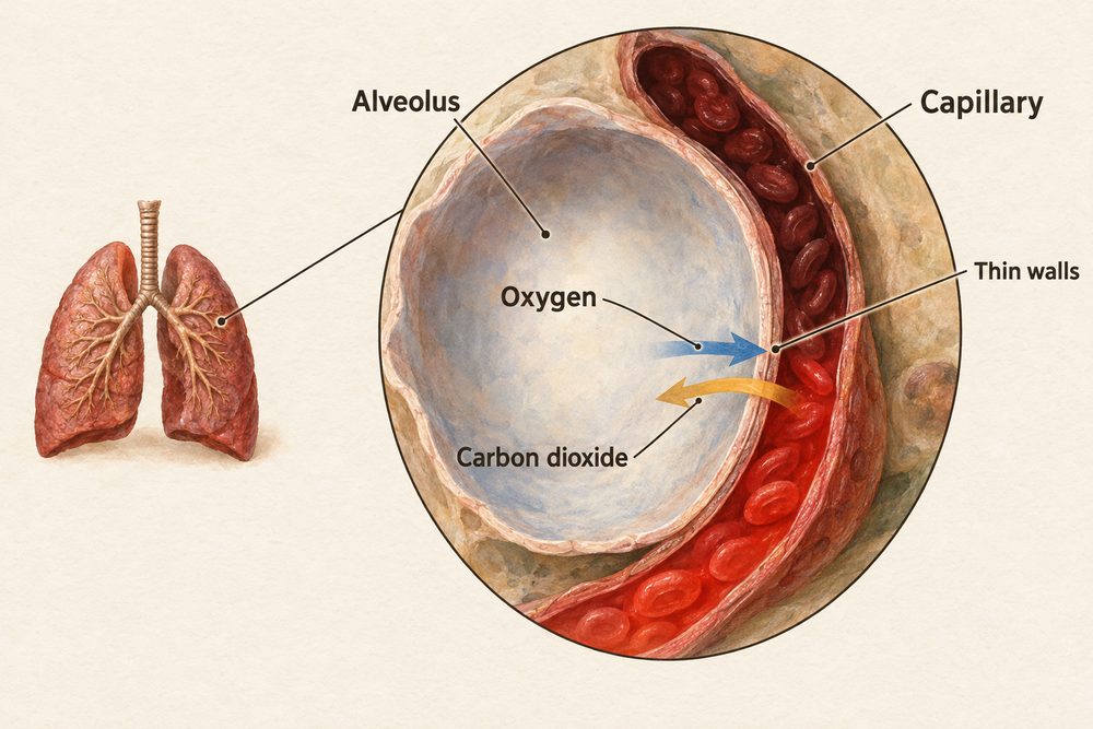 Diagram: Oxygen diffuses from the air in an alveolus into the blood in a capillary, and carbon dioxide diffuses the other way, across very thin walls.