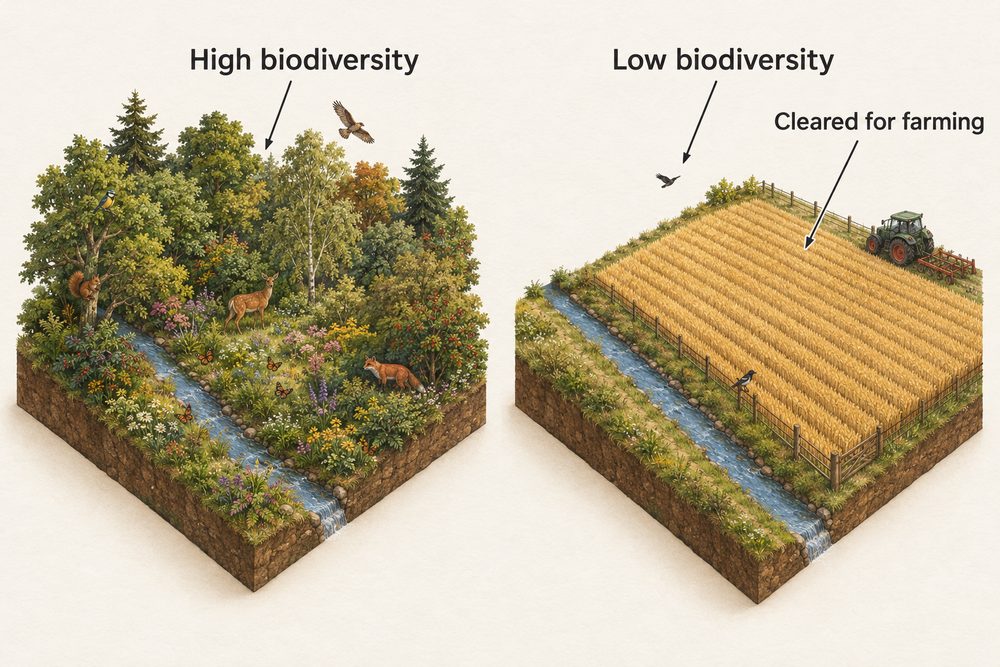 Diagram: The same piece of land as a varied woodland and after it is cleared for farming shows how human activity reduces biodiversity.