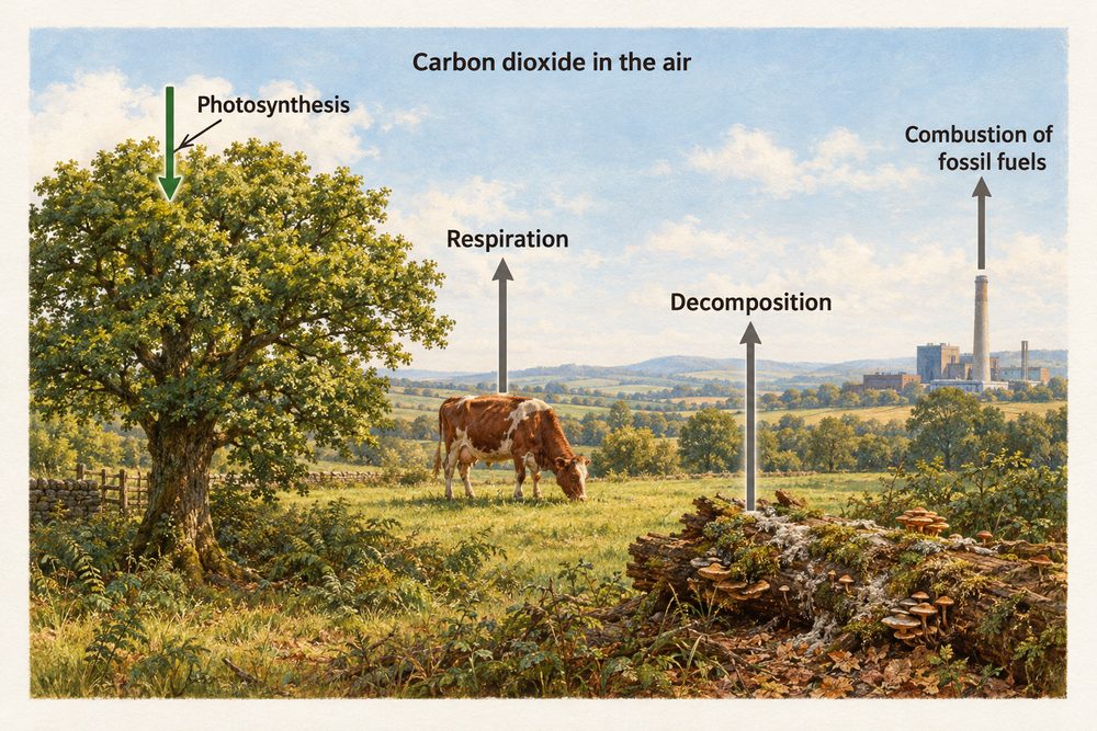 Diagram: Carbon moves from the air into plants by photosynthesis and back to the air by respiration, decomposition and the combustion of fossil fuels.