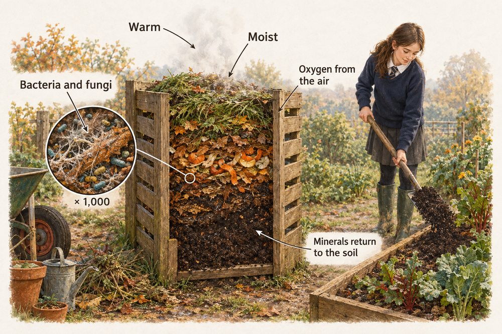 Diagram: In a warm, moist compost heap with oxygen, bacteria and fungi break down dead plant matter and return minerals to the soil.