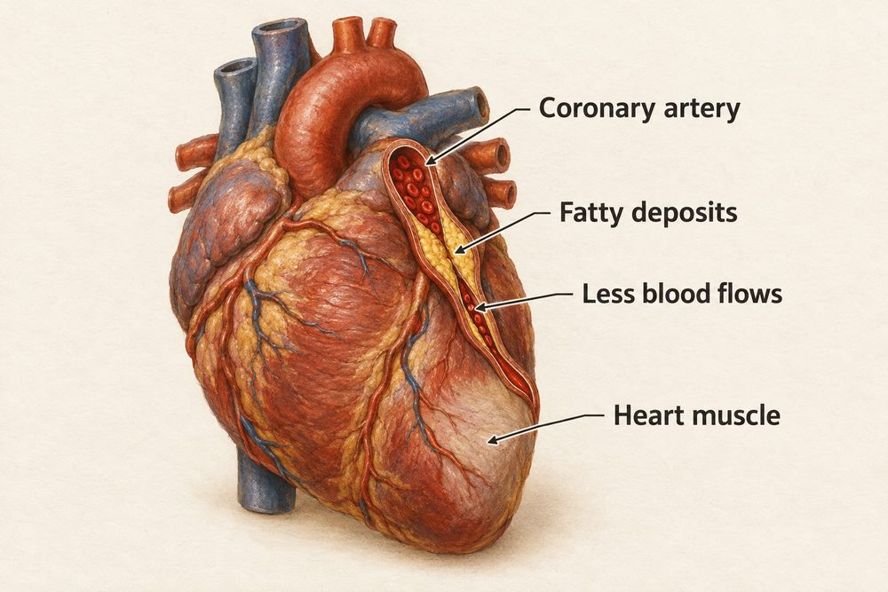 Diagram: Fatty deposits build up inside a coronary artery and narrow it, so less blood and oxygen reach the heart muscle.