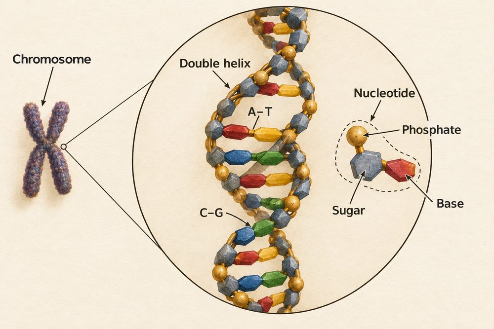 Diagram: DNA is a double helix, a polymer of nucleotides, each made of a sugar, a phosphate and a base, with A pairing with T and C pairing with G across the middle.
