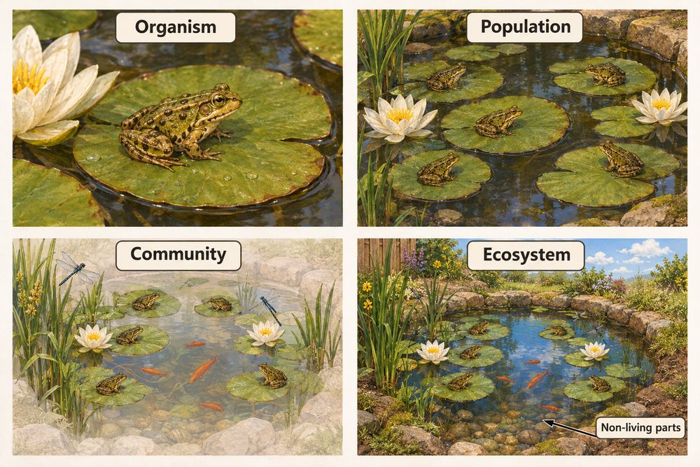 Diagram: Zooming out across a pond shows one organism, a population of one species, a community of all the species, and the ecosystem, which adds the non-living parts.