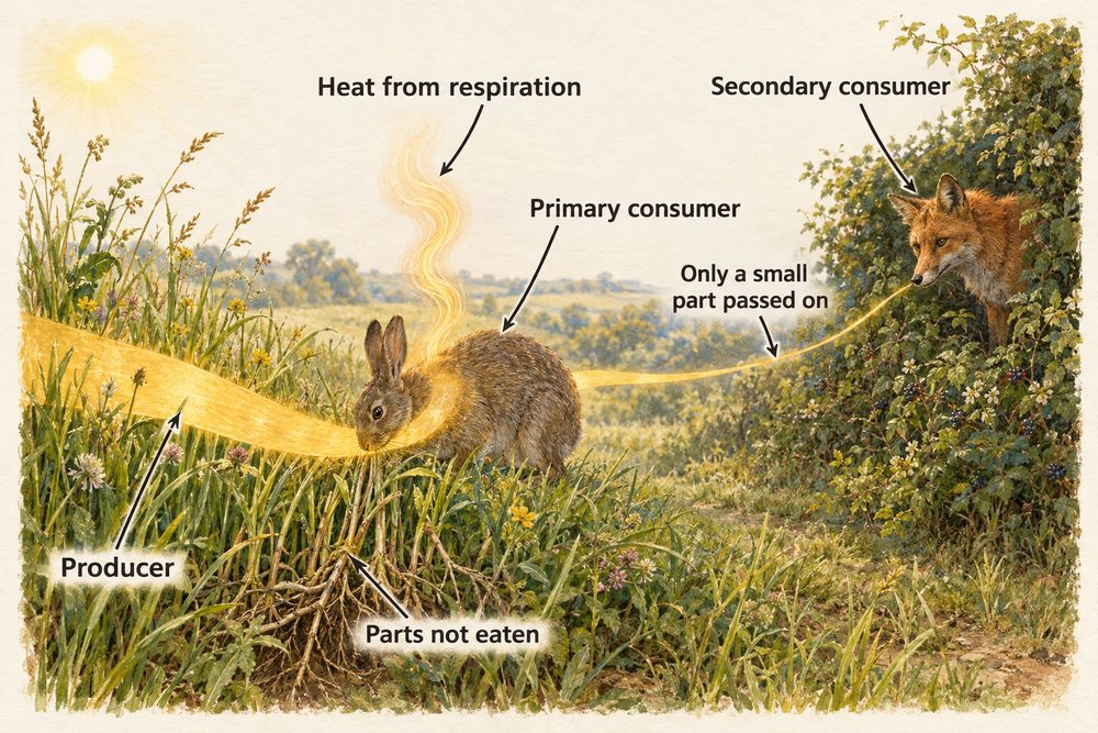 Diagram: Only a small part of the energy in one trophic level reaches the next, because much is lost as heat from respiration and some parts are not eaten.