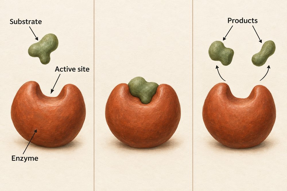Diagram: Only a substrate with the matching shape fits the enzyme's active site, where it is broken into products, and the enzyme is left unchanged to work again.
