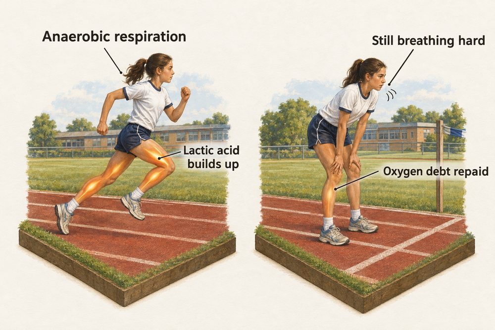 Diagram: In a hard sprint the muscles respire anaerobically and lactic acid builds up; after the sprint the runner keeps breathing hard to repay the oxygen debt.