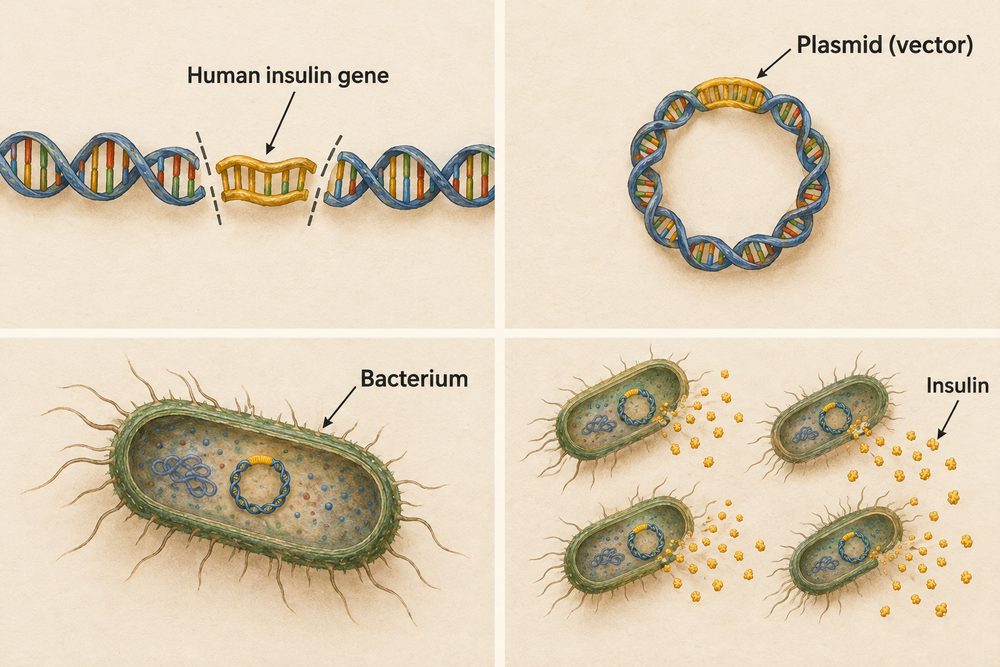 Diagram: The human insulin gene is cut out, put into a bacterial plasmid as a vector, and the bacteria that take it up then make human insulin.