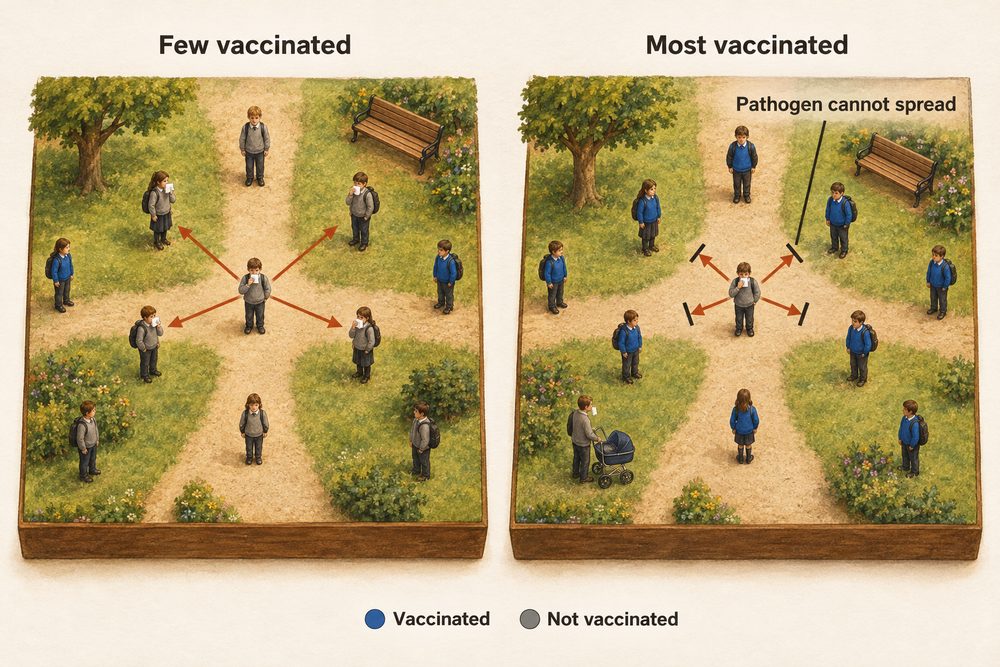 Diagram: When most people in a community are vaccinated, a pathogen cannot find enough hosts to spread, so the few who are not vaccinated are protected too.
