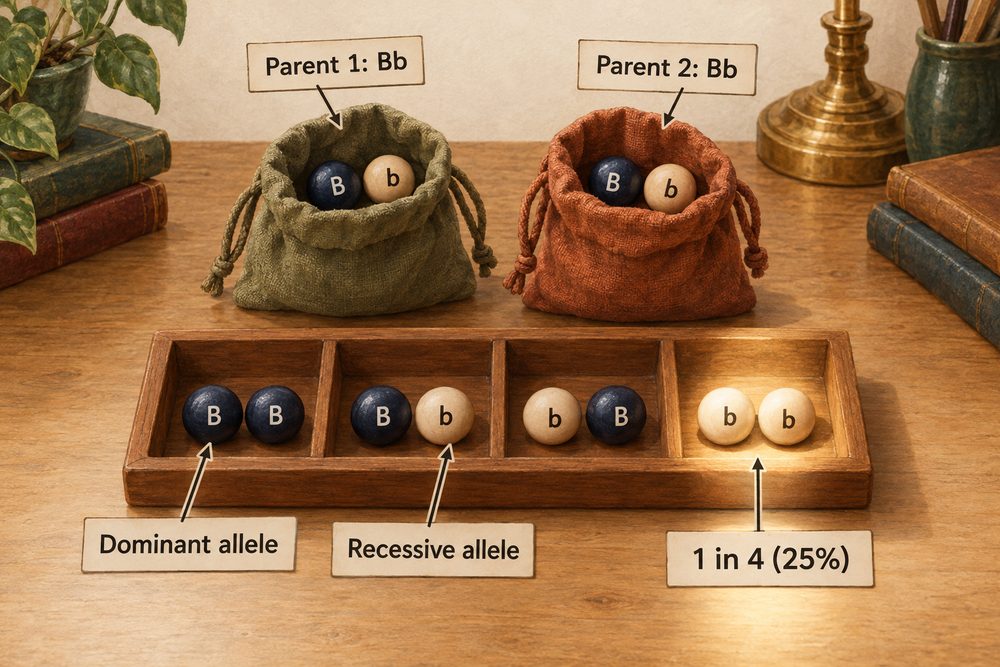 Diagram: Two parents who each carry one dominant and one recessive allele (Bb) each pass on one allele at random, so each child has a 1 in 4 chance of being bb and showing the recessive characteristic.