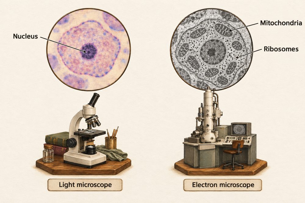 Diagram: The same cell seen through a light microscope shows only the nucleus and outline, but an electron microscope's higher resolution shows mitochondria and ribosomes.