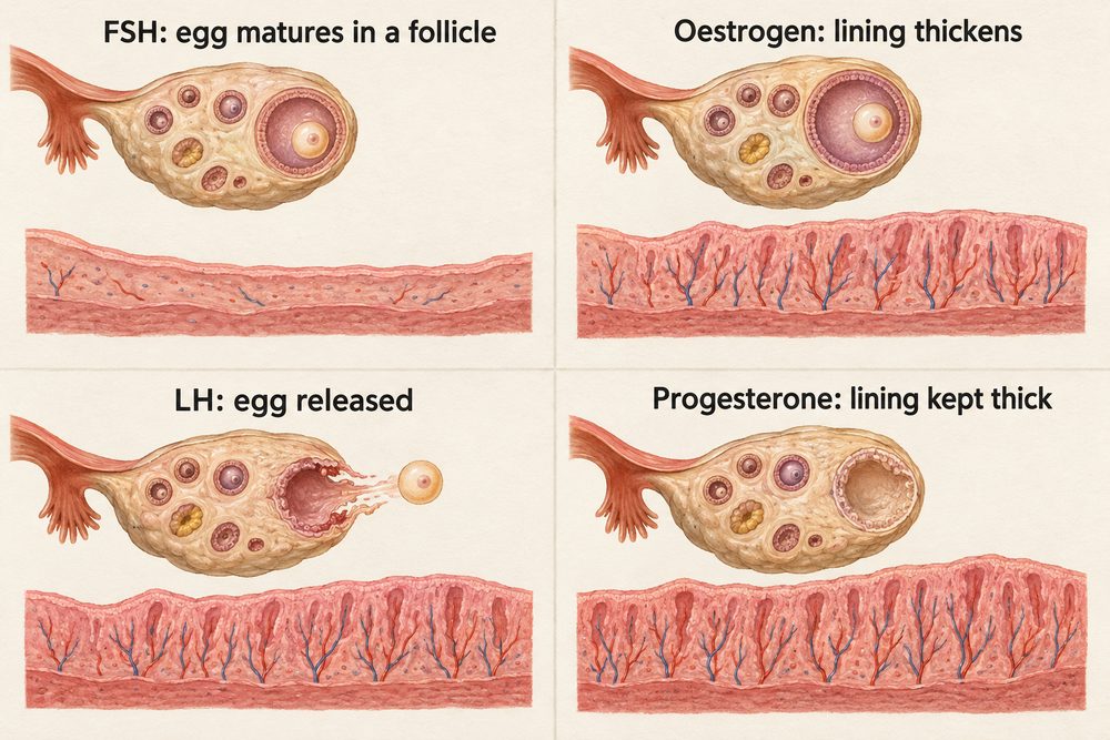Diagram: FSH makes an egg mature in a follicle, oestrogen makes the uterus lining thicken, LH makes the ovary release the egg, and progesterone keeps the lining thick.