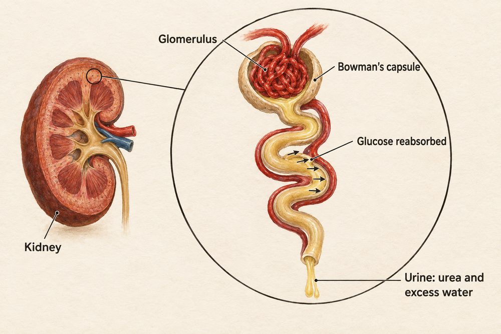 Diagram: In a nephron the blood is filtered at the glomerulus into the Bowman's capsule, useful glucose is reabsorbed into the blood, and urea and excess water leave as urine.