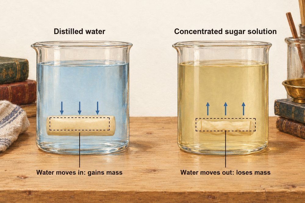 Diagram: A potato cylinder in distilled water takes in water by osmosis and gains mass, but one in concentrated sugar solution loses water and loses mass.
