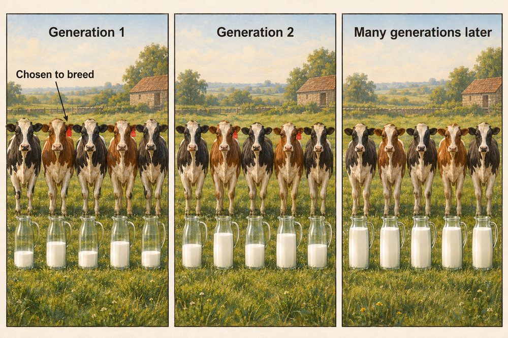 Diagram: Over many generations breeders choose the parents with the wanted characteristic, so it becomes stronger in the offspring, for example cows that give more milk.