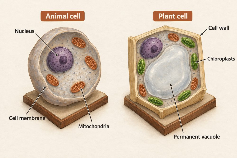 Diagram: A plant cell has everything an animal cell has, plus three extra structures: a cell wall, chloroplasts and a permanent vacuole.
