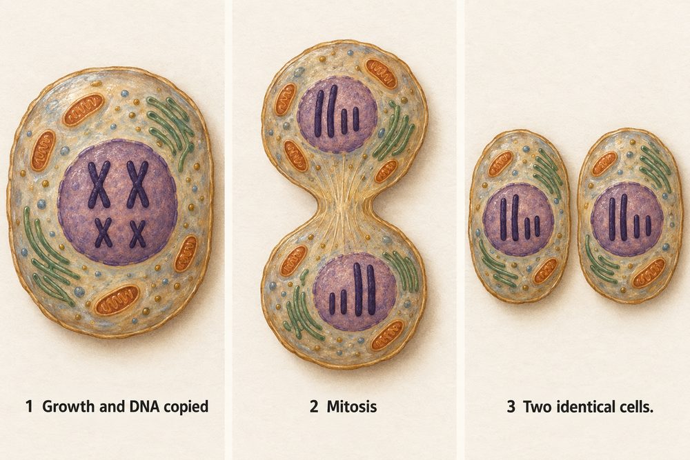 Diagram: In the cell cycle a cell copies its chromosomes, pulls one set to each end, then splits into two identical daughter cells with the same number of chromosomes.