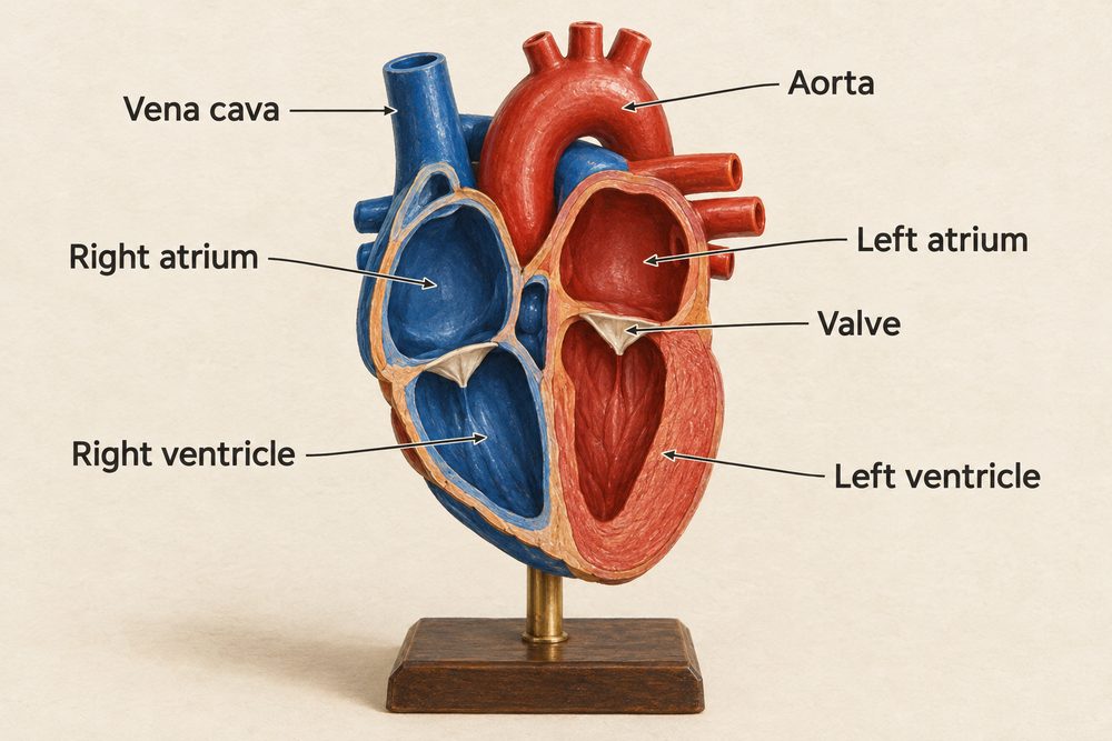 Diagram: The heart has four chambers, and the left ventricle has a thicker muscle wall because it pumps blood all the way round the body.
