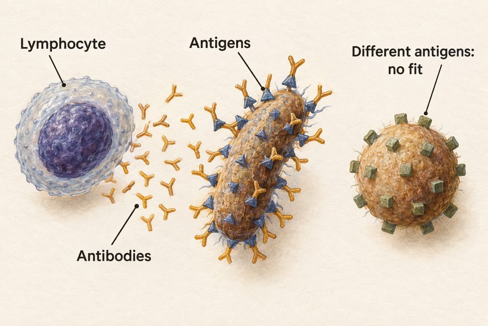 Diagram: Antibodies are specific: lymphocytes make antibodies that lock onto one pathogen's antigens and not onto a different pathogen.