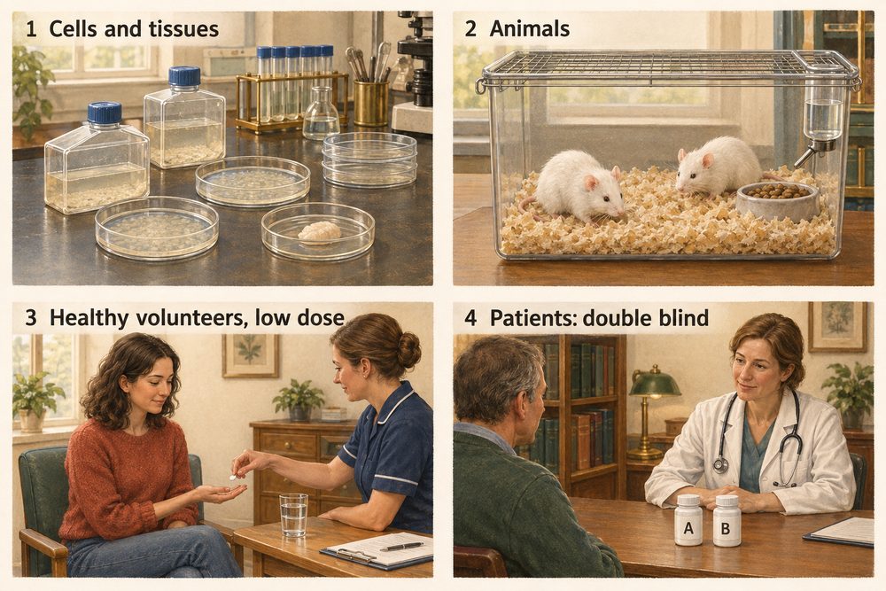 Diagram: A new drug is tested first on cells and tissues, then on animals, then on healthy volunteers at a low dose, and finally on patients in a double blind trial with a placebo.