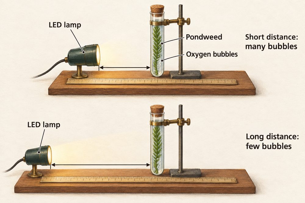 Diagram: In Required Practical 6, pondweed nearer the lamp (higher light intensity) gives off oxygen bubbles faster.