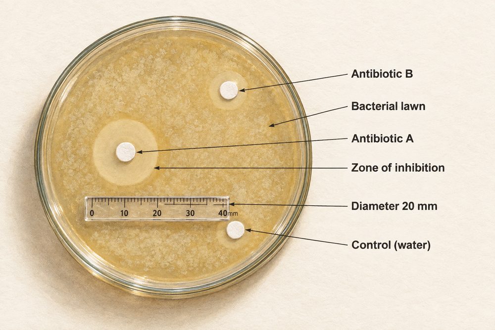 Diagram: Clear zones form around discs that stop bacterial growth, and the bigger the zone, the more effective the antibiotic; the water control has no zone.