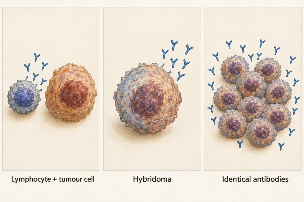Diagram: A lymphocyte that makes one antibody is fused with a tumour cell that divides without stopping, giving a hybridoma that divides into many identical cells making identical antibodies.
