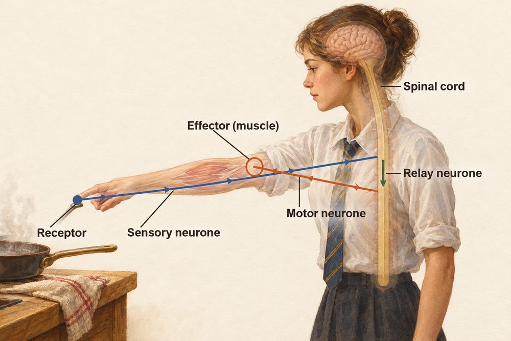 Diagram: In a reflex arc the impulse goes from a receptor along a sensory neurone to a relay neurone in the spinal cord, then along a motor neurone to a muscle, without the conscious brain.