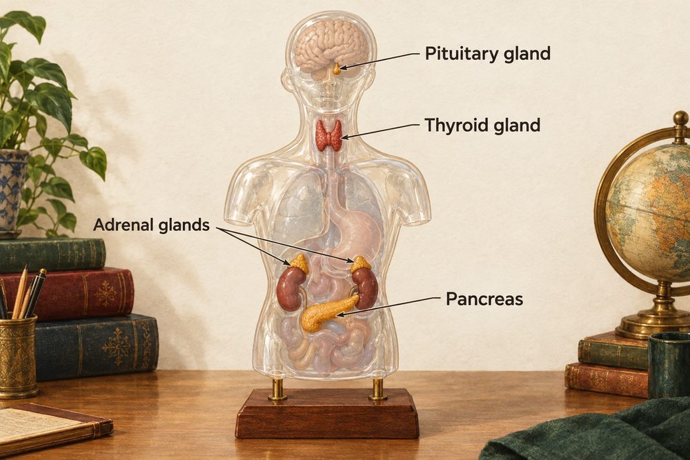 Diagram: Hormones come from glands in different places in the body: the pituitary at the base of the brain, the thyroid in the neck, the adrenal glands above the kidneys and the pancreas in the abdomen.
