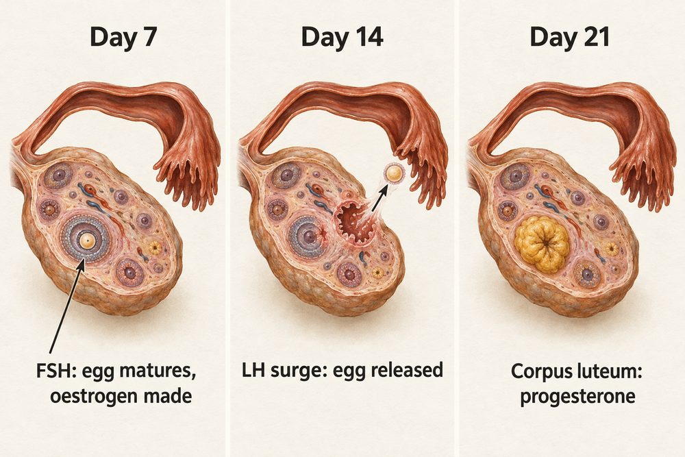 Diagram: FSH makes an egg mature in a follicle that makes oestrogen, a surge of LH releases the egg at day 14, and the empty follicle becomes the corpus luteum that makes progesterone.