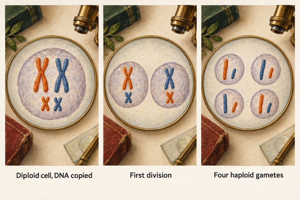 Diagram: In meiosis a cell copies its chromosomes and divides twice, making four haploid gametes, each with half the chromosomes.