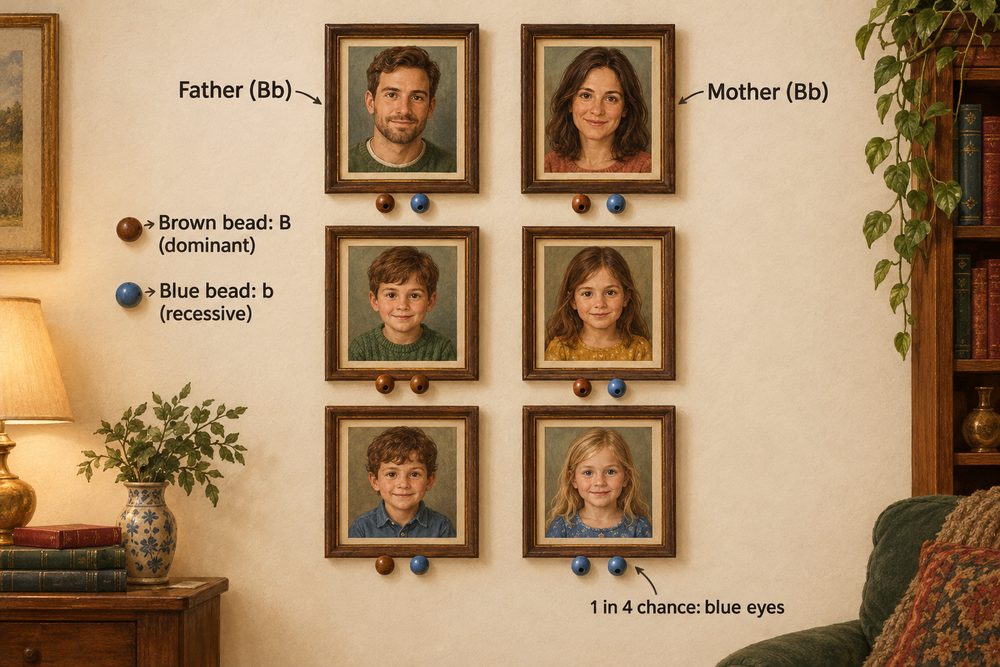 Diagram: Two brown-eyed parents who both carry the recessive blue allele (Bb) have a 1 in 4 chance of a blue-eyed child.