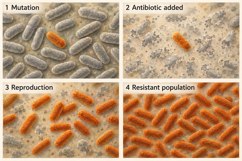 Diagram: An antibiotic kills the non-resistant bacteria, the one resistant mutant survives and reproduces, and the whole population becomes resistant.