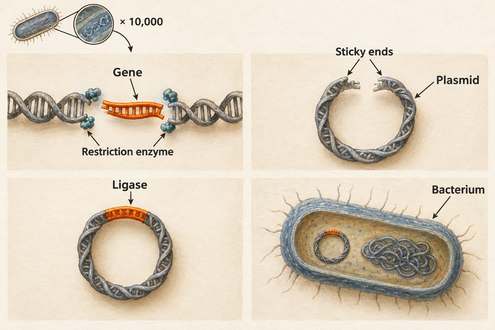 Diagram: A restriction enzyme cuts a gene out and cuts a plasmid open, ligase joins the gene into the plasmid, and the plasmid carries the gene into a cell.