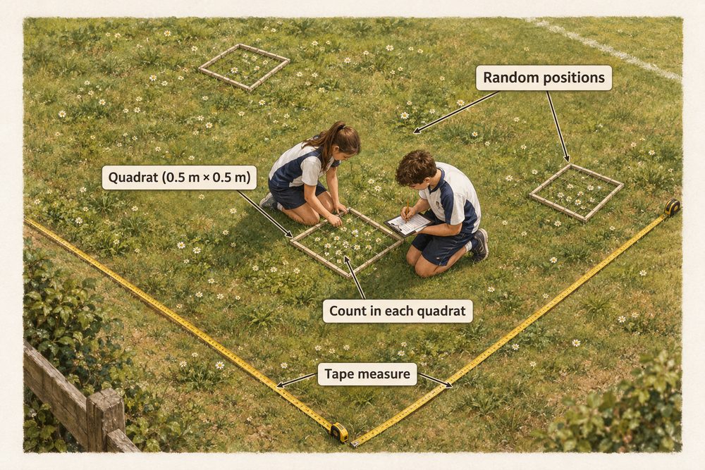 Diagram: To estimate a population, scientists place quadrats at random positions, count the organisms in each and work out a mean.