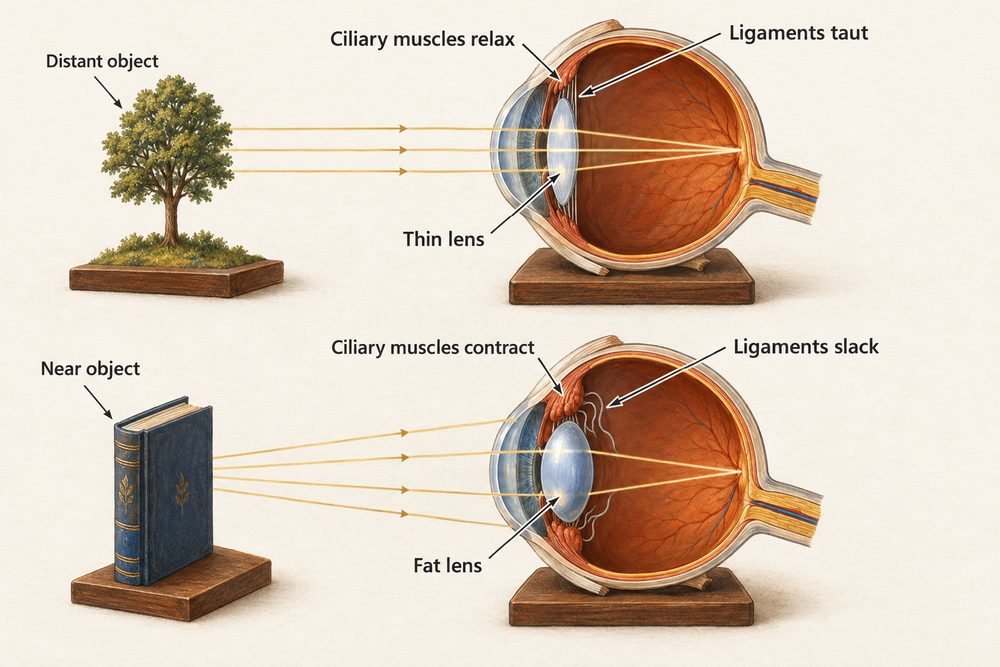 Diagram: To focus on a near object the ciliary muscles contract, the suspensory ligaments go slack and the lens becomes fat; for a distant object the reverse happens and the lens becomes thin.