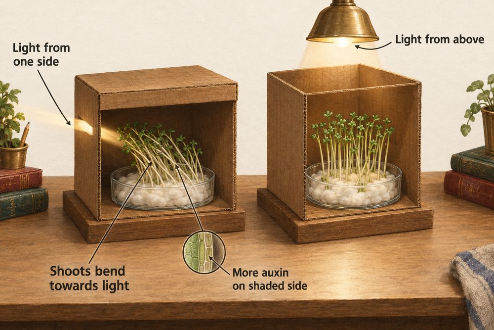 Diagram: Shoots grow towards light from one side because auxin moves to the shaded side and makes those cells grow longer.