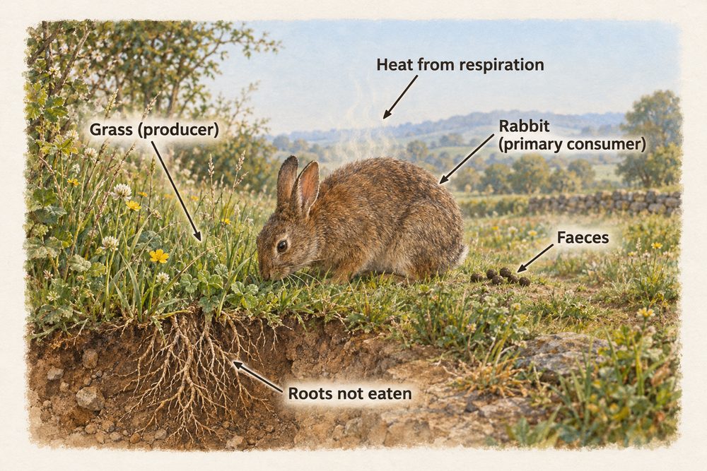 Diagram: Most of the biomass a rabbit eats does not become rabbit: some is never eaten, some leaves as faeces, and much is used in respiration and lost as heat.