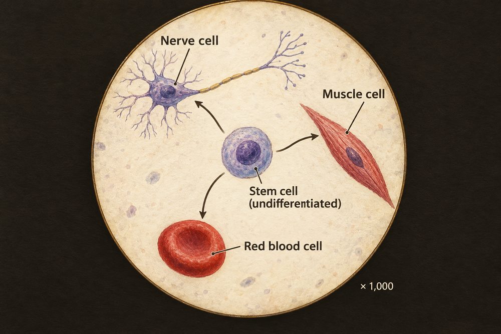 Diagram: One undifferentiated stem cell can divide and differentiate into different kinds of specialised cell, such as nerve, muscle and red blood cells.